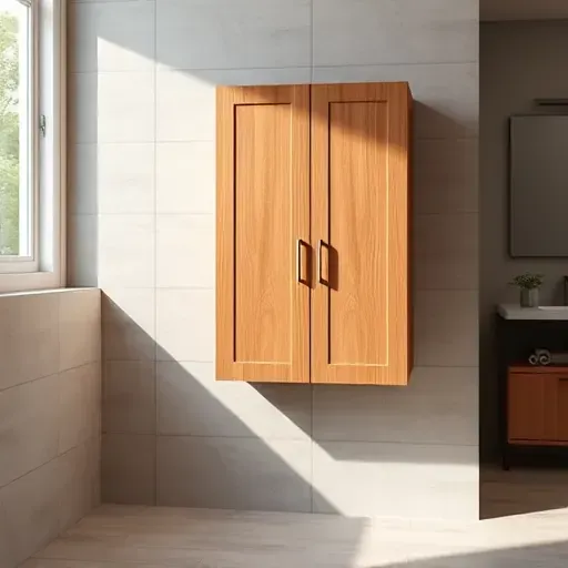 Freshly installed modern wooden bathroom cabinet in West Chester Township Ohio with tiled walls, subtle lighting, and neat decor