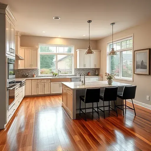 Modern kitchen remodeling in Wyoming OH features sleek appliances, elegant cabinetry, spacious island, and warm lighting.