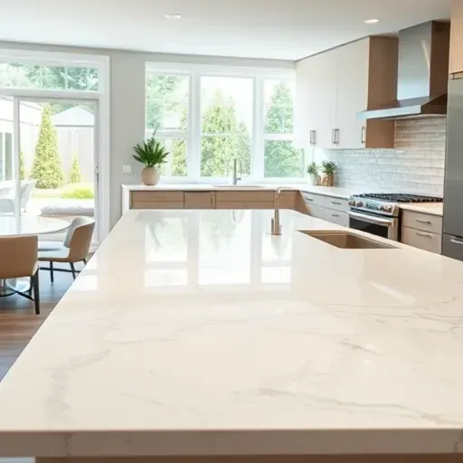 Pristine white and grey quartz countertop in a modern West Chester kitchen with sleek cabinetry stainless steel appliances and natural light