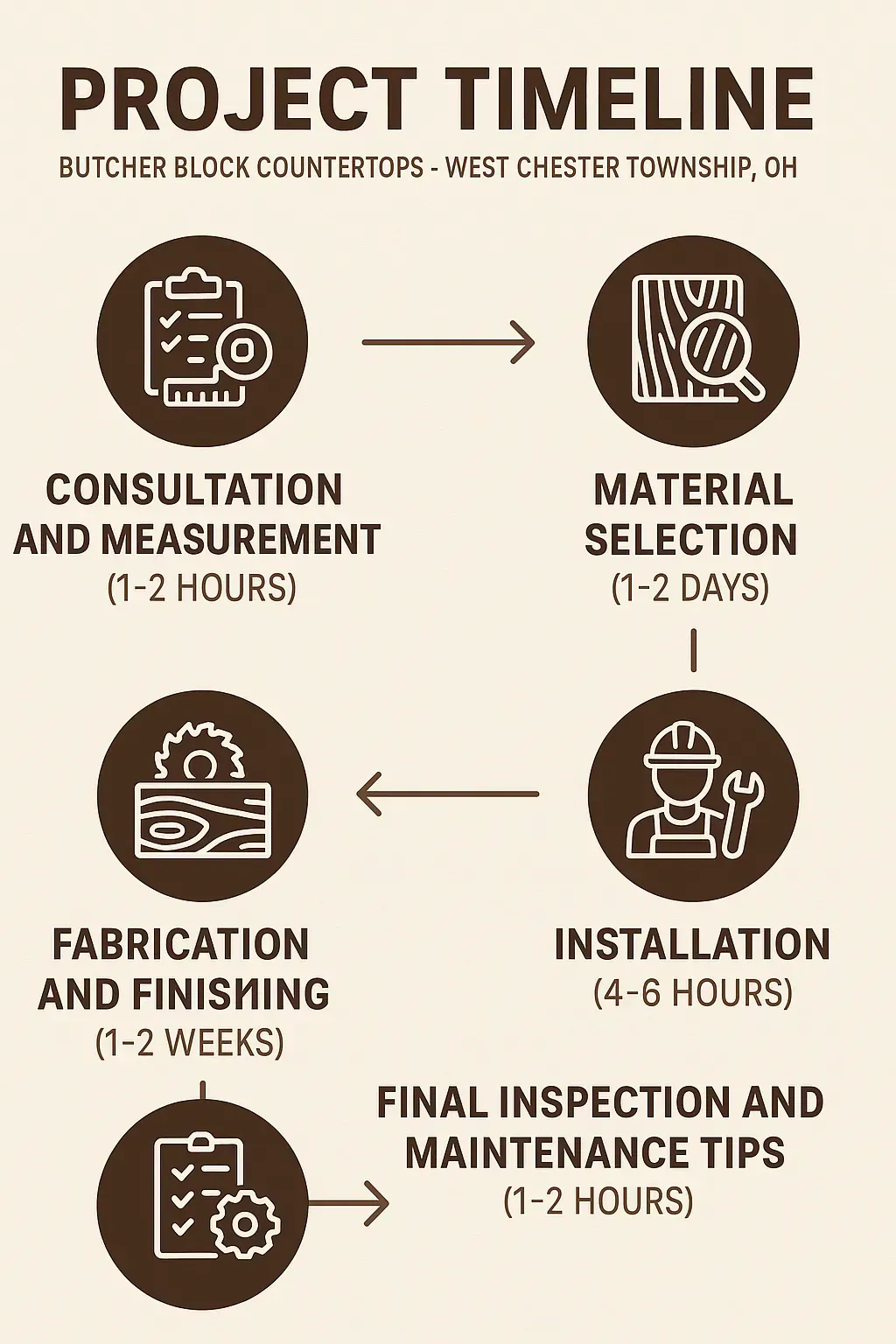 Infographic showing the Project Timeline for Butcher Block Countertops with five clear steps and minimal text.
