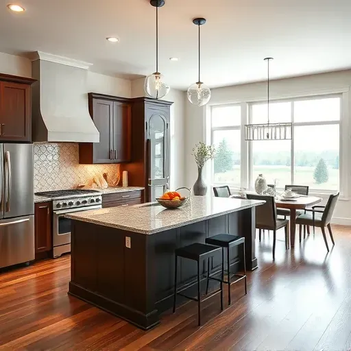 Remodeled kitchen in Englewood, OH, featuring dark cabinetry, granite countertops, and an inviting dining area.