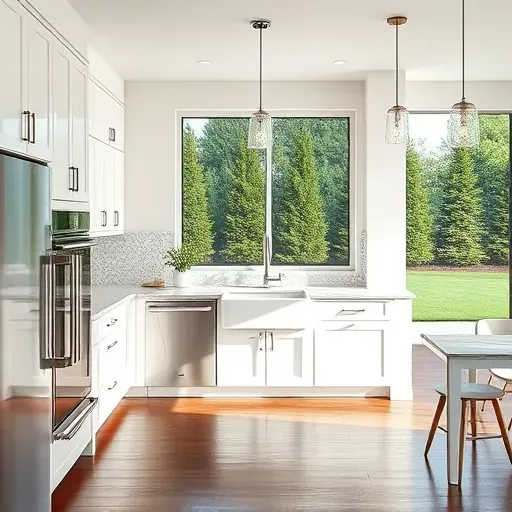 Beautifully remodeled kitchen in Monroe, OH with modern cabinetry, marble countertops, and farmhouse sink. Natural light floods in.
