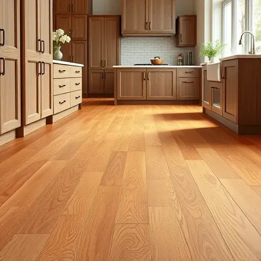 Warm oak hardwood kitchen flooring with sleek cabinetry, marble island, subway tile backsplash, and natural daylight in West Chester Ohio