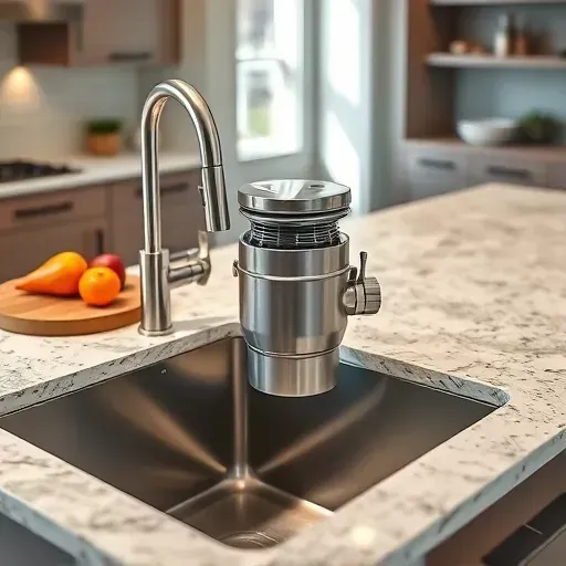 Newly installed stainless steel garbage disposal in modern West Chester kitchen with granite counter and organized clean setup