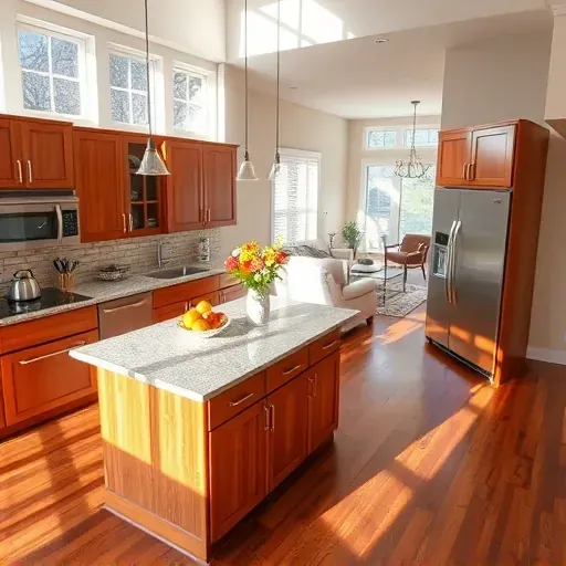Modern Monroe OH kitchen remodel with high-end appliances, granite countertops, wooden cabinetry, and sunlight streaming in.
