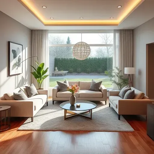 Elegant Evendale living room with modern furniture, warm lighting, and serene garden views highlights remodeling excellence.