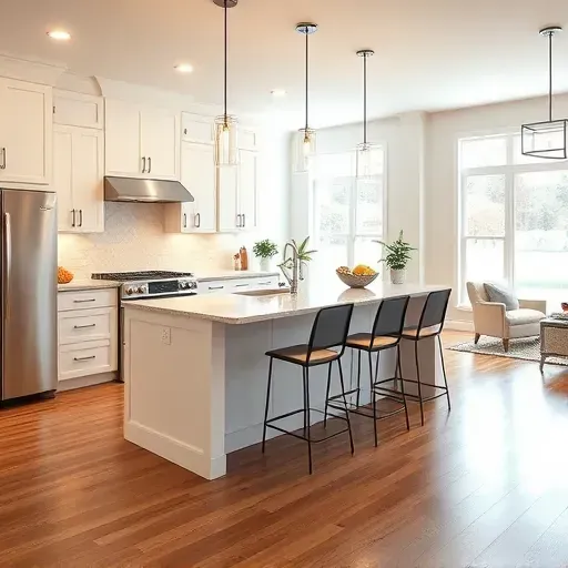 Modern remodeled kitchen in Evendale OH, featuring sleek white cabinets, granite counters, stainless steel appliances, and bright decor.