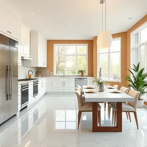 Renovated kitchen in Greenhills OH features sleek white cabinetry, marble counters, stainless steel appliances, and open dining area.