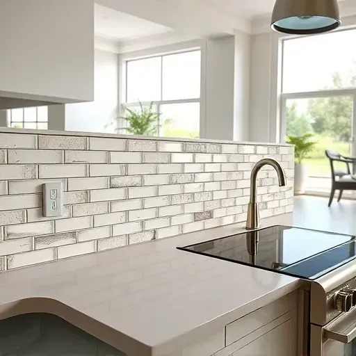 Beautifully installed glossy ceramic tile backsplash in a modern West Chester Ohio kitchen with herringbone pattern and natural light