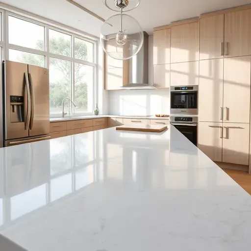 Polished quartz kitchen countertop with subtle veining in a modern kitchen with stainless steel appliances and natural light