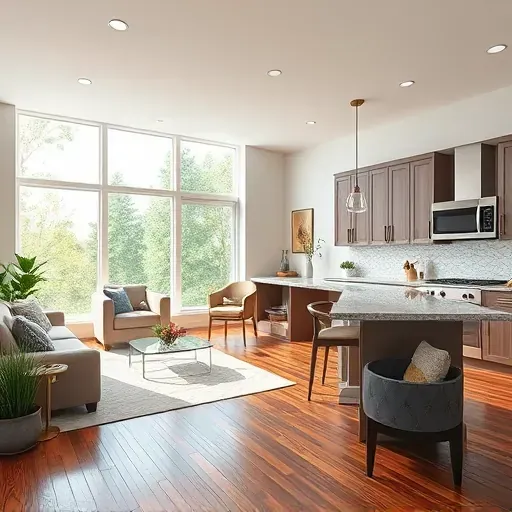 Renovated living space in Franklin OH with modern kitchen, elegant decor, natural light, and polished hardwood flooring.