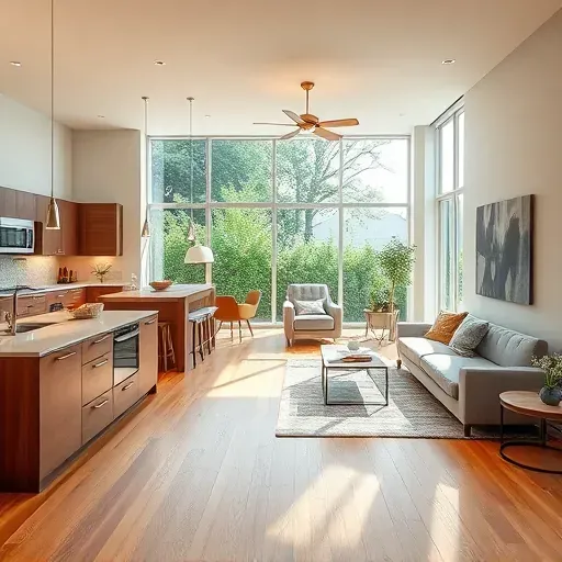 Modern remodeled living space in Franklin OH with warm wood floors, large windows, elegant furniture, and a stylish kitchen.