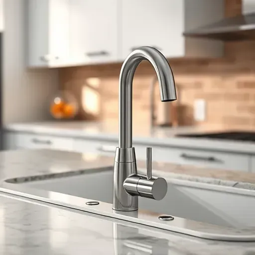 Shiny stainless steel modern kitchen faucet installed in a sleek West Chester Township kitchen with granite countertop and herringbone backsplash