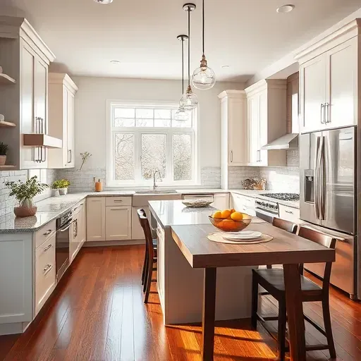 Modern kitchen remodel in Miamisburg OH with sleek cabinetry, granite countertops, and open dining area bathed in natural light.