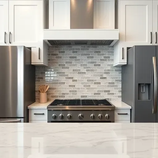Close-up of polished mosaic tile backsplash with intricate patterns and natural stone textures in a modern kitchen setting