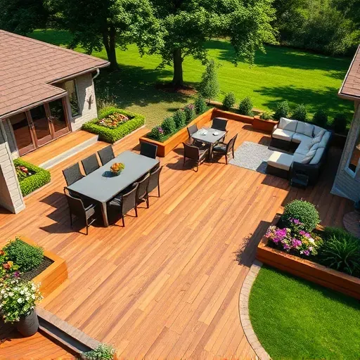 Beautiful wooden deck and landscaped patio with outdoor furniture, lush gardens, mature trees, and soft sunlight in West Chester Ohio