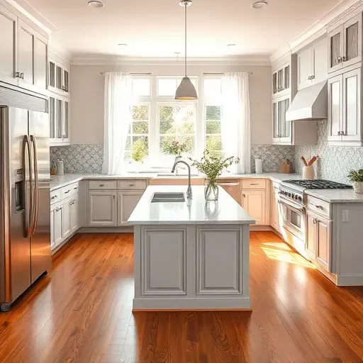 Renovated kitchen in Clayton OH with quartz island, stainless appliances, custom cabinets, and elegant tile backsplash.
