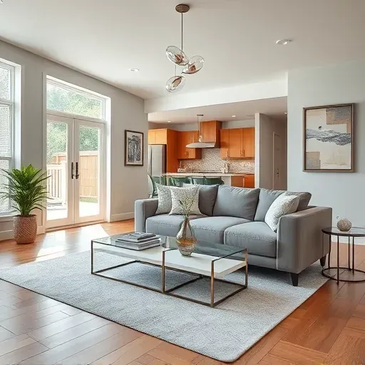 Contemporary living room remodel in Vandalia, OH features sleek furnishings, warm gray walls, and elegant wood flooring.