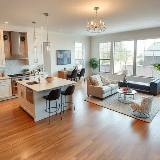 Modern remodeled living space in Germantown OH features stylish kitchen, cozy living room, natural light, and elegant decor.