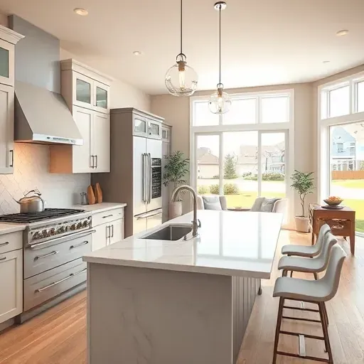 Renovated modern kitchen in West Chester Township OH with quartz countertops, custom cabinets, and stainless steel appliances.