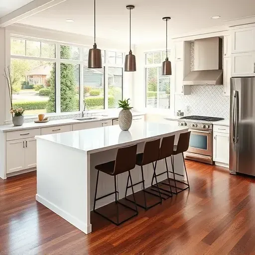 Modern open-concept kitchen in Fairfield OH features marble island, custom white cabinetry, and mosaic tile backsplash.