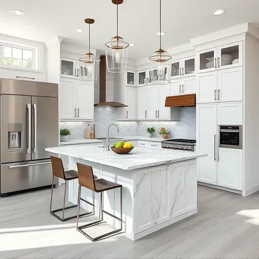 Modern kitchen remodel in Silverton, OH with stainless steel appliances, marble countertops, and cozy decor.