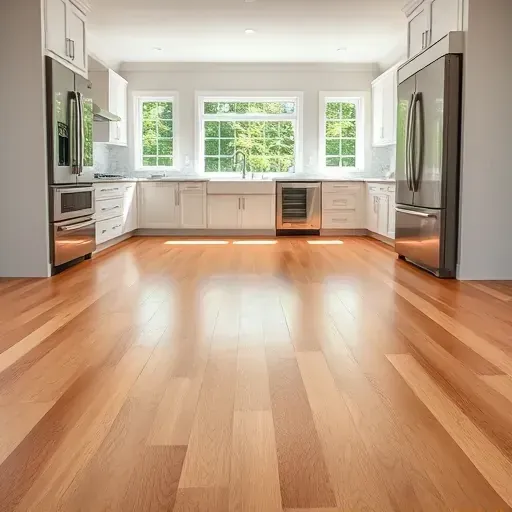 Freshly installed honey-toned hardwood kitchen flooring in West Chester Township with polished oak planks, natural grain, and modern decor