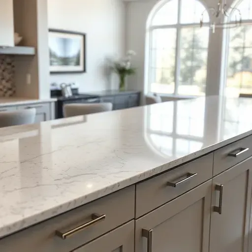 Polished granite or quartz kitchen countertop in West Chester Township OH with subtle veining, sleek cabinetry, and natural light