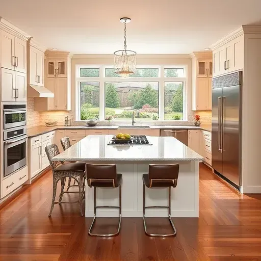 Modern kitchen in South Lebanon OH featuring custom cabinetry, granite island, and stainless steel appliances with garden view.