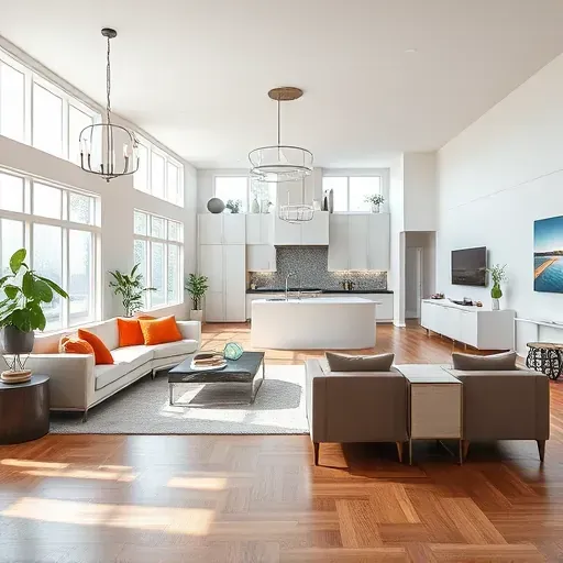 Stylish open-concept living space in Dayton with polished hardwood floors, modern furniture, and vibrant accents.