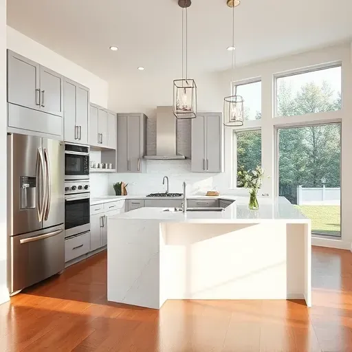 Modern Monroe OH kitchen remodel featuring sleek cabinetry, stainless steel appliances, white quartz countertops, and natural light.