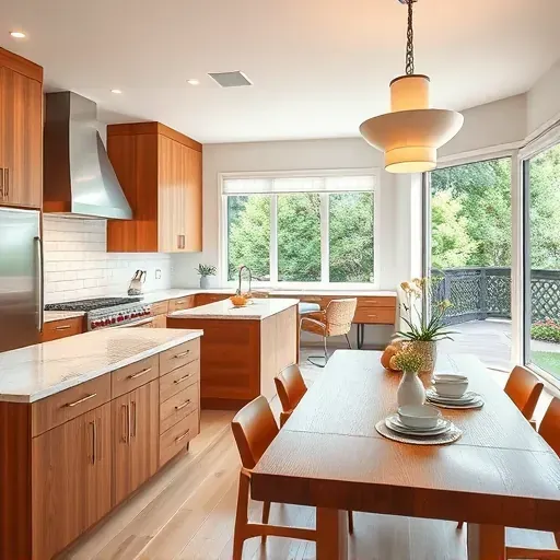 Modern kitchen remodel in Oxford OH features warm wood cabinetry, sleek quartz island, and stainless steel appliances.