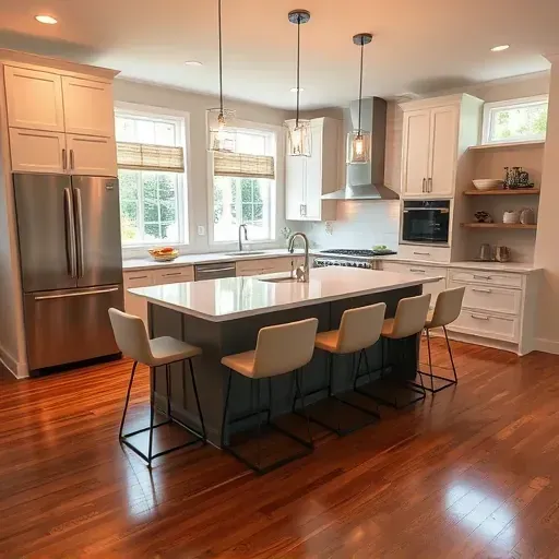 Modern kitchen remodel in Oxford OH with sleek appliances, marble countertops, and polished hardwood floors.