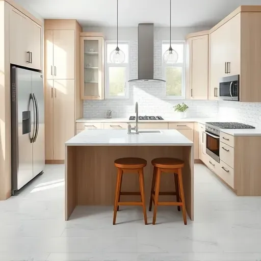 Renovated West Chester kitchen with white oak cabinets, marble countertops, stainless steel appliances, island, and natural light