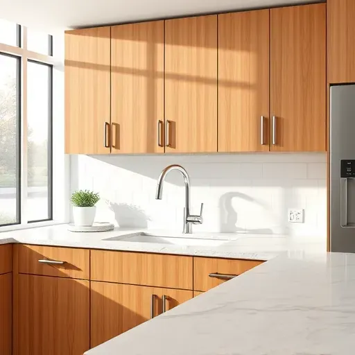 Modern renovated kitchen in West Chester Ohio with warm wood cabinets, quartz countertops, stainless steel fixtures, and stylish backsplash