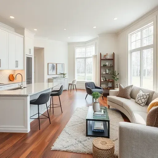 Modern open-concept kitchen and living area in Mason OH with sleek white cabinetry, quartz countertops, and natural light.