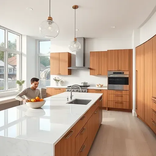 Modern kitchen with white marble countertops, wooden cabinets, stainless steel appliances, and a central island with sink.
