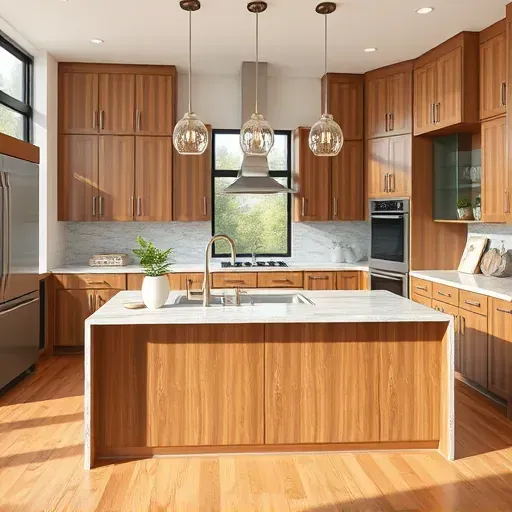 Modern kitchen with granite island, stainless steel fixtures, wood cabinetry, natural light, hardwood floors, and elegant decor