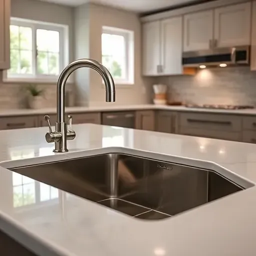 Modern kitchen with stainless steel farmhouse sink, polished countertops, elegant cabinetry, and subtle under-cabinet lighting highlighting craftsmanship