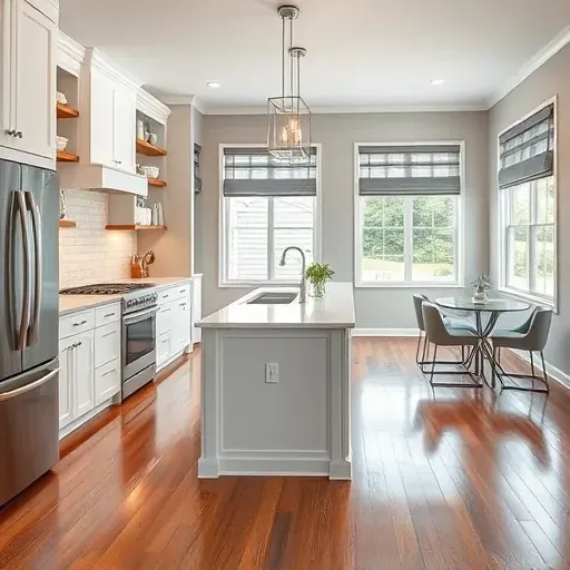 Elegant kitchen in Kenwood, OH with modern appliances, white cabinets, quartz countertops, and hardwood flooring.