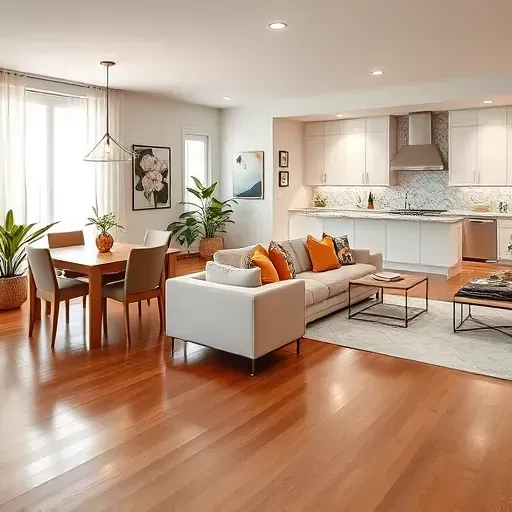 Modern living room in Kenwood OH featuring stylish sofa, dining area for eight, and elegant decor in a serene atmosphere.