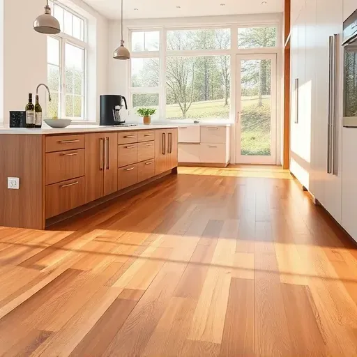 Newly installed polished hardwood kitchen flooring in West Chester Township Ohio with warm tones, natural grain, and modern design