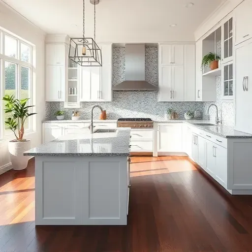Remodeled kitchen in Vandalia, OH with white cabinetry, granite island, modern lighting, and mosaic tile backsplash.