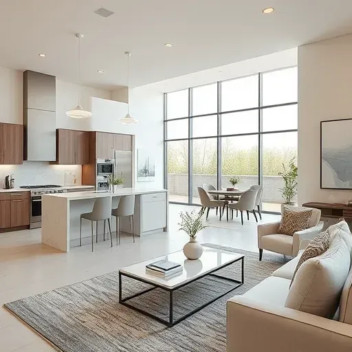 Modern open-concept living space in Wyoming, OH featuring sleek furniture, marble kitchen, and abundant natural light.