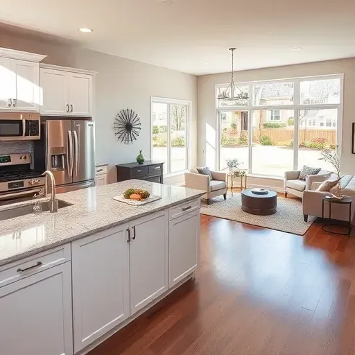 Modern kitchen and open living area in Loveland, OH, featuring stainless steel appliances, white cabinetry, and sunlight.