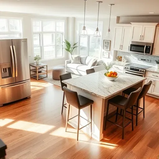 Modern kitchen remodel in Springboro, OH with sleek stainless appliances, granite countertops, and warm wooden flooring.