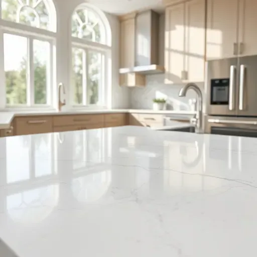 Pristine quartz kitchen countertop in West Chester Township Ohio with natural veining, polished finish, modern appliances, and elegant cabinetry