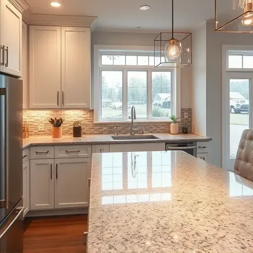 Modern kitchen in West Chester Township OH with white cabinets, LED under-cabinet lighting, granite countertops, stainless steel appliances, mosaic backsplash, neat decor, natural light.