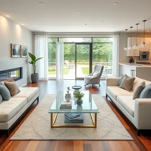Contemporary living room in Ross Township OH with elegant decor, polished hardwood floors, and modern fireplace.