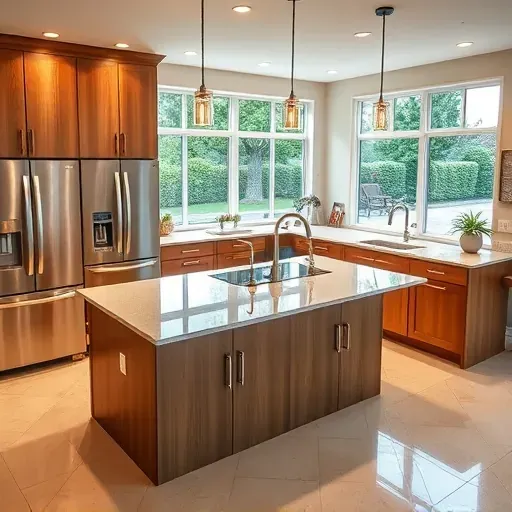 Modern kitchen remodel in West Chester Township with warm wood cabinetry, stainless steel appliances, and granite countertops.